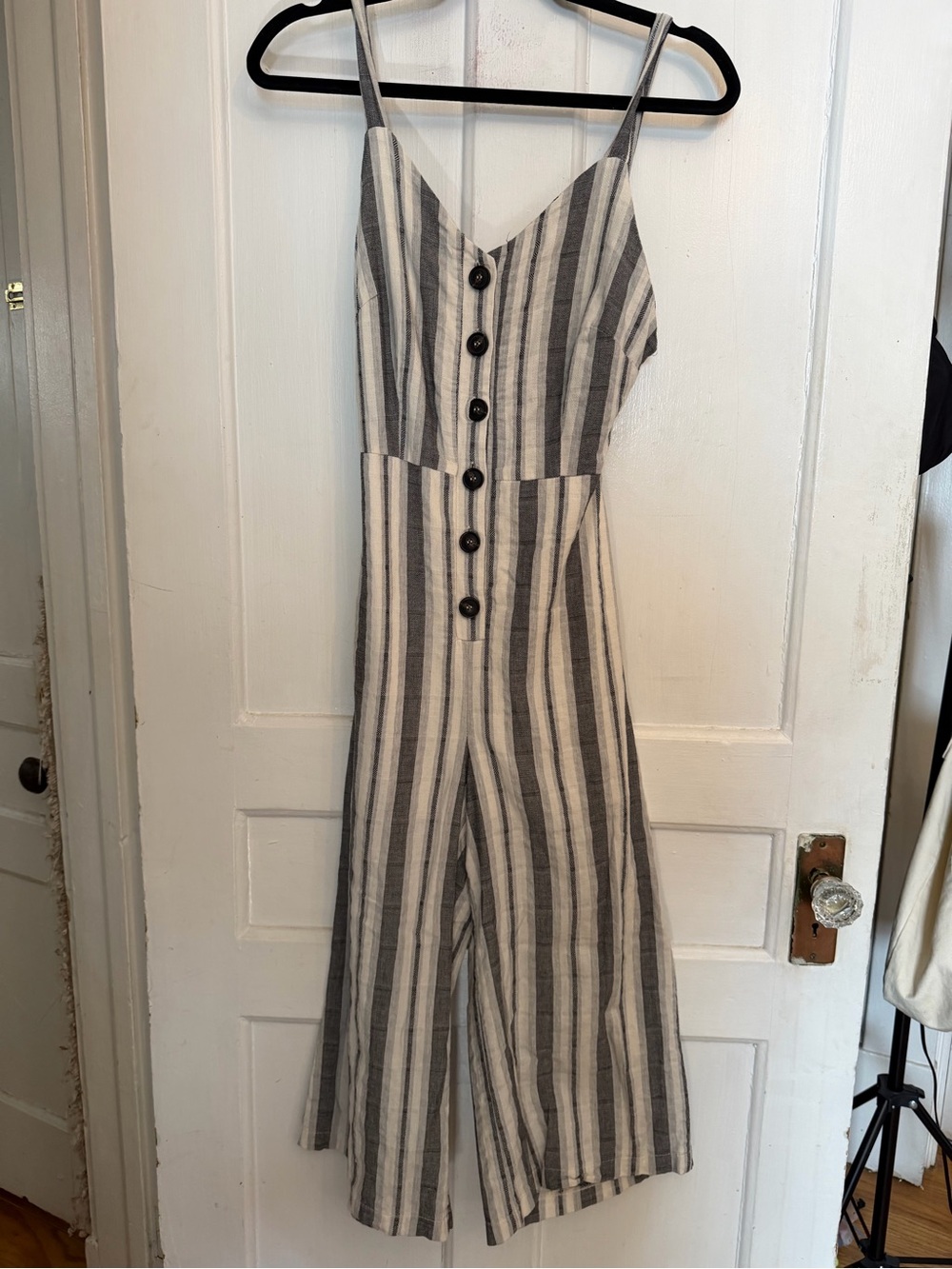 URBAN Romantics Gray and White Striped Spaghetti‑Strap Jumpsuit